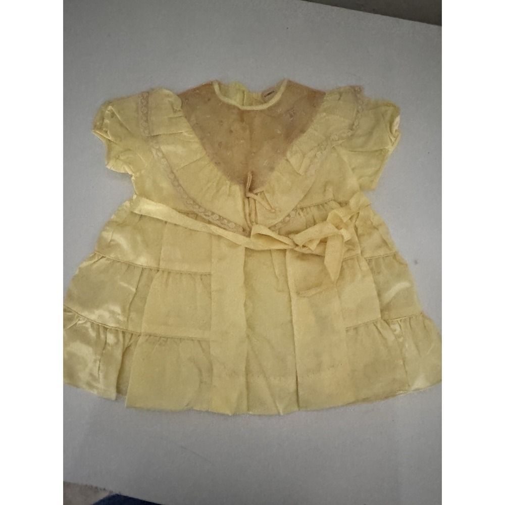 Vintage Girls Butter Yellow Nylon Handmade Lace Dress Ruffles 18-24 Months
